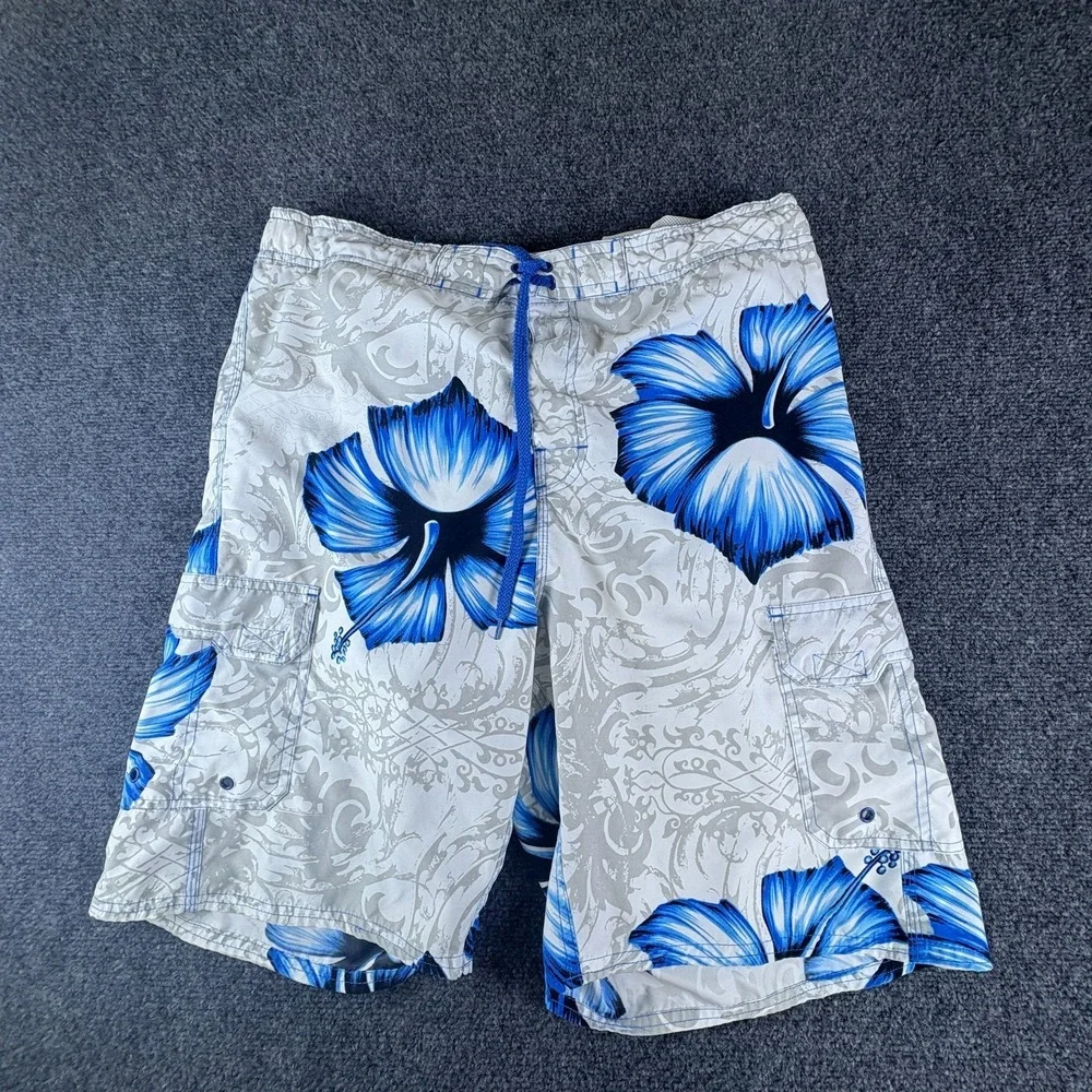 Ocean Pacific Board Shorts Mens 34x10.5 White Blue Hibiscus Floral Cargo Pockets